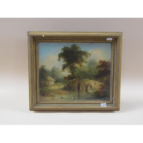 1250 - UNSIGNED 19C - GENTLEMAN ON A STONE BRIDGE, OIL ON BOARD, FRAMED, 34CM X 42CM