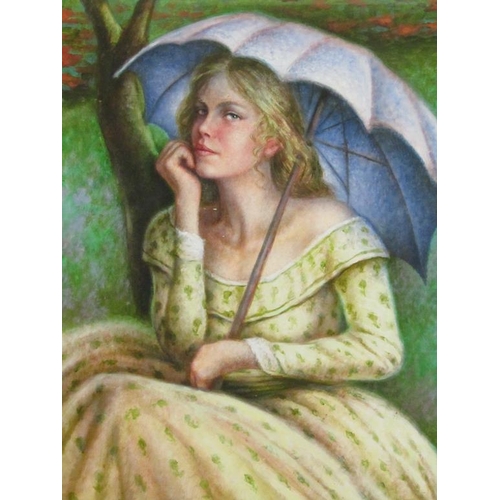 1253 - 20C PORTRAIT OF A LADY WITH PARASOL, OIL ON CANVAS, 100CM X 80CM