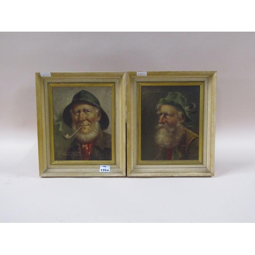 1254 - PAIR - SIGNED INDISTINCTLY - GENTLEMAN WITH PIPE & GENTLEMAN WITH FEATHER IN HAT, SIGNED OIL ON BOAR... 