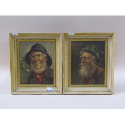 1254 - PAIR - SIGNED INDISTINCTLY - GENTLEMAN WITH PIPE & GENTLEMAN WITH FEATHER IN HAT, SIGNED OIL ON BOAR... 