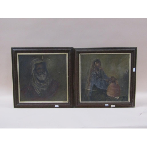 1259 - UNSIGNED 19C- PORTRAIT OF AN ARAB GENTLEMAN & ARAB LADY, FRAMED OIL ON CANVAS, EACH APPROX 42CM X 42... 