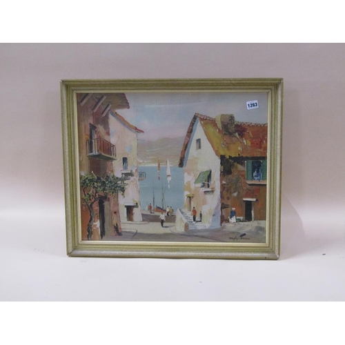 1263 - DOYLY JOHN - MEDITERRANEAN COASTAL TOWN, SIGNED COLOURED PRINT, F/G, 43CM X 54CM