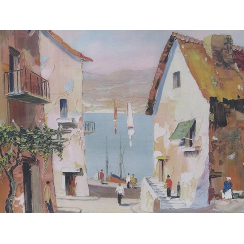 1263 - DOYLY JOHN - MEDITERRANEAN COASTAL TOWN, SIGNED COLOURED PRINT, F/G, 43CM X 54CM