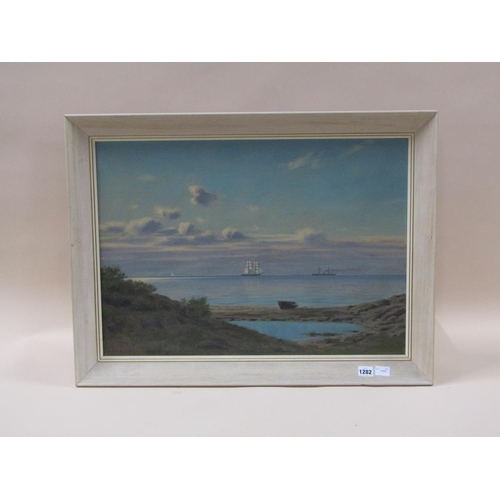 1282 - CHARLES ELISSON - COASTAL SCENE WITH BOATS ON HORIZON, SIGNED OIL ON CANVAS, FRAMED, 46CM X 66CM