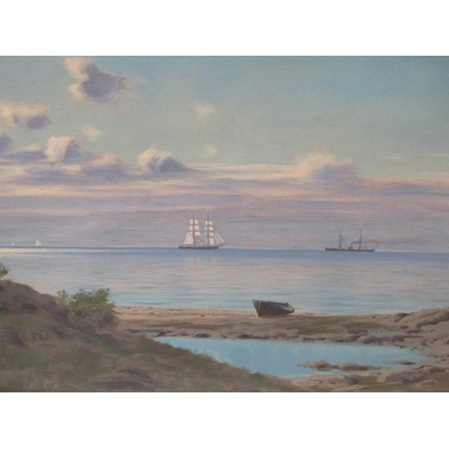 1282 - CHARLES ELISSON - COASTAL SCENE WITH BOATS ON HORIZON, SIGNED OIL ON CANVAS, FRAMED, 46CM X 66CM