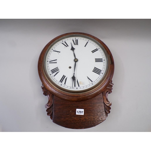 1297 - LATE 19C/EARLY 20C PEDNULUM WALL CLOCK WITH CIRCULAR WHITE ENAMEL DIAL, 29CM DIAM