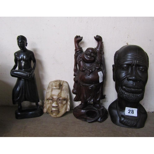 28 - AFRICAN AND ORIENTAL CARVINGS, ONE SOAPSTONE MASK