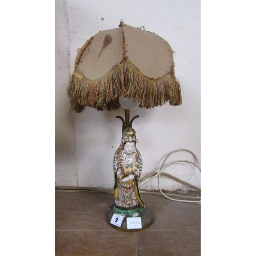 9 - ORIENTAL PORCELAIN FIGURATIVE LAMP AND SHADE