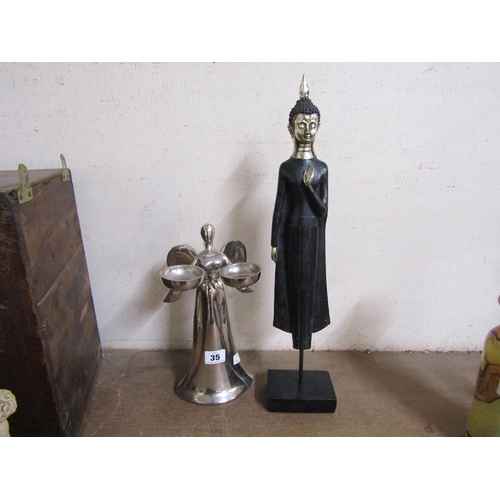 35 - SILVERED ANGEL AND A BUDDHA FIGURE