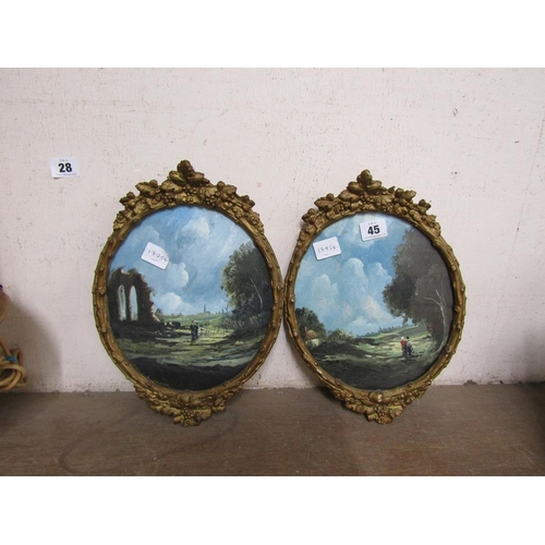 45 - PAIR OF GILT FRAMED OILS, LANDSCAPES WITH FIGURES