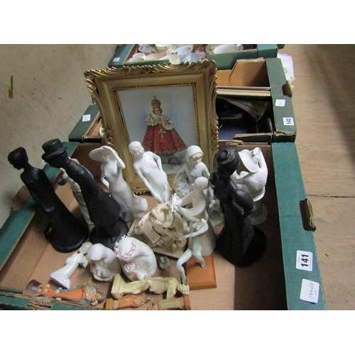 141 - BOX OF FIGURINES, ORNAMENTS AND GILT FRAMED PRINT