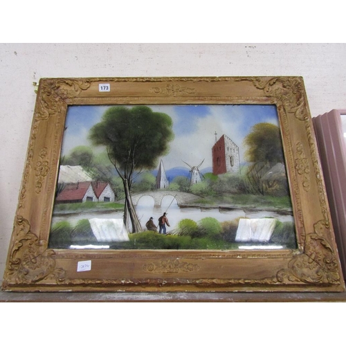 173 - VICTORIAN PAINTING ON GLASS - RIVERSCAPE