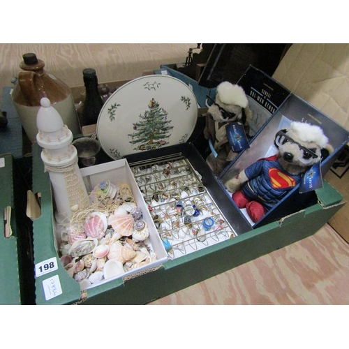 198 - QTY OF SHELLS, SOFT TOYS, COLLECTORS THIMBLES ETC