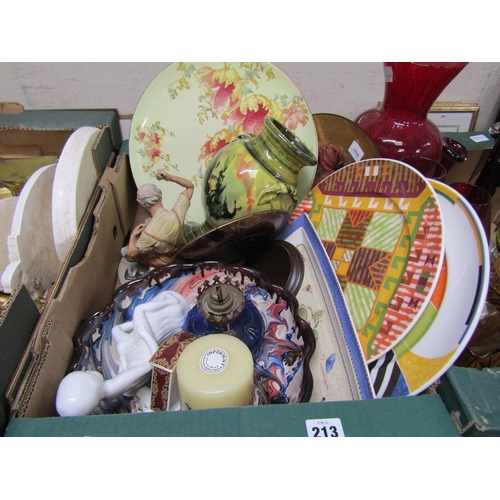 213 - BOX OF MIXED CERAMICS, ORNAMENTS, ETC