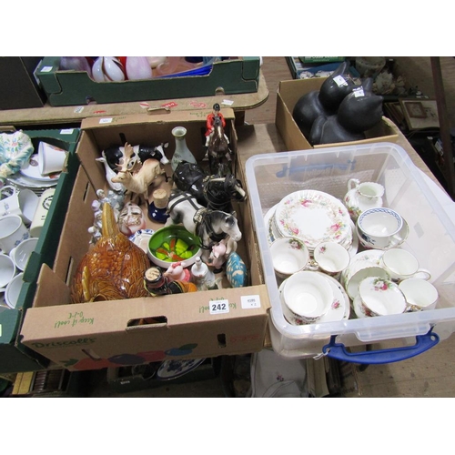 242 - TWO BOXES CONTAINING POOLE POTTERY, CERAMIC ANIMALS, BESWICK AND TEAWARES