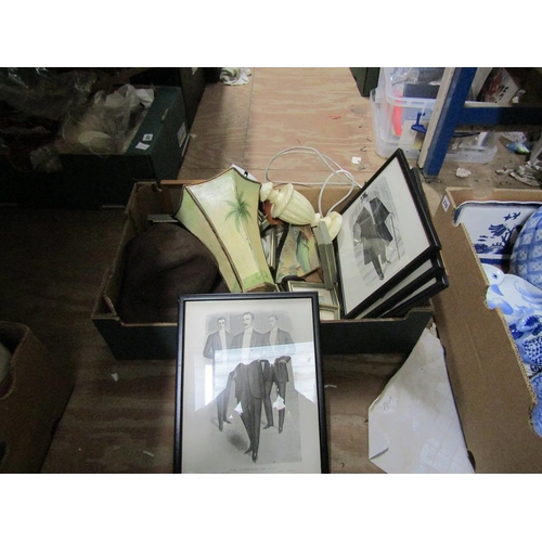 300 - BOX OF FRAMED PICTURES, PRINTS, LAMP ETC