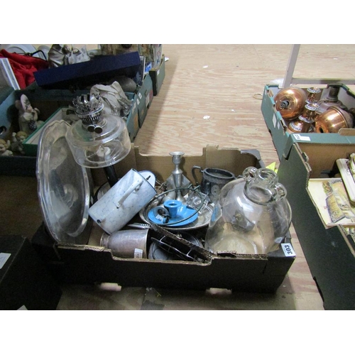 303 - BOX OF MIXED METALWARE, OIL LAMP ETC