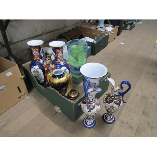 347 - BOX; ORIENTAL WARES, VASES, ART GLASS VASE ETC, PAIR OF HUNGARIAN EWERS