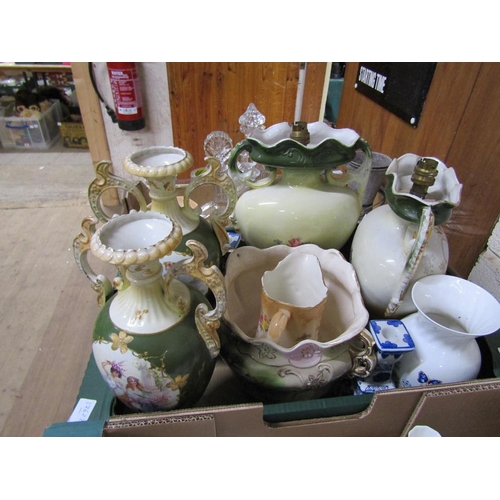 359 - BOX OF CERAMICS, TRANSFER PRINTED VASES, LAMPS