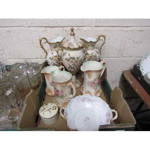 374 - BOX OF IVORY CERAMIC WARES TO INC. PAIR OF EWERS AND A TWO HANDLED VASE AND COVER