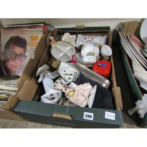 390 - BOX OF MIXED CHINA AND METALWARE TO INC. FIGURES