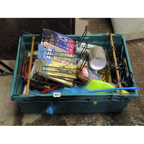 923 - BOX OF BATTERIES, TAPE, JUMPLEADS ETC