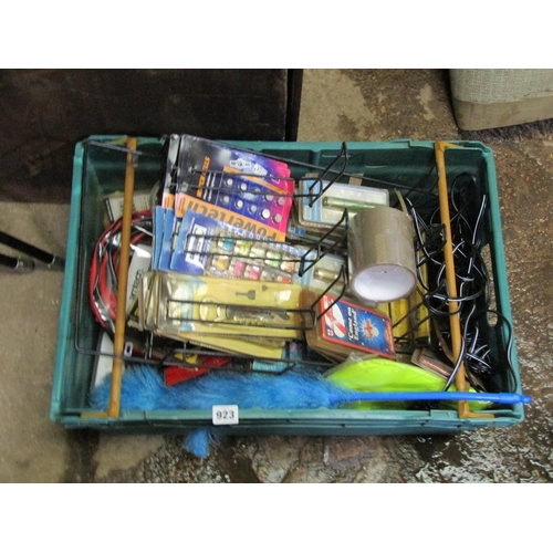 923 - BOX OF BATTERIES, TAPE, JUMPLEADS ETC