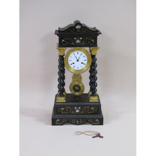 10 - A late 19c French portico clock, the ebonised wood case inlaid with brass and mother of pearl, and h... 