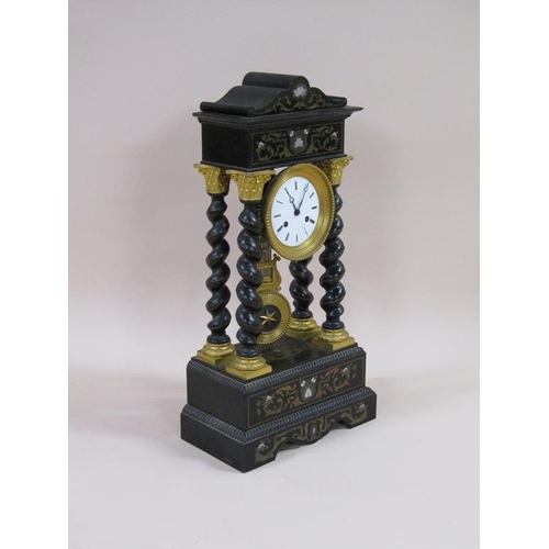 10 - A late 19c French portico clock, the ebonised wood case inlaid with brass and mother of pearl, and h... 