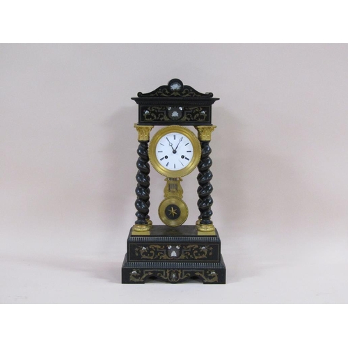 10 - A late 19c French portico clock, the ebonised wood case inlaid with brass and mother of pearl, and h... 