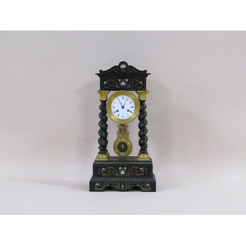 10 - A late 19c French portico clock, the ebonised wood case inlaid with brass and mother of pearl, and h... 