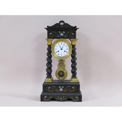 10 - A late 19c French portico clock, the ebonised wood case inlaid with brass and mother of pearl, and h... 