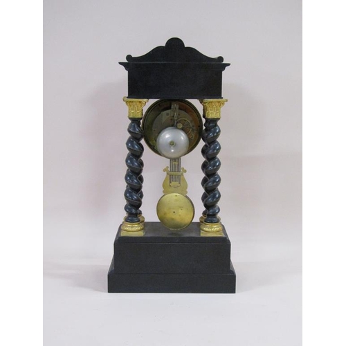 10 - A late 19c French portico clock, the ebonised wood case inlaid with brass and mother of pearl, and h... 