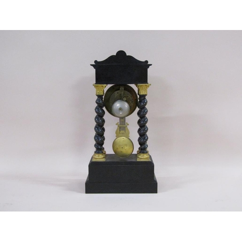 10 - A late 19c French portico clock, the ebonised wood case inlaid with brass and mother of pearl, and h... 