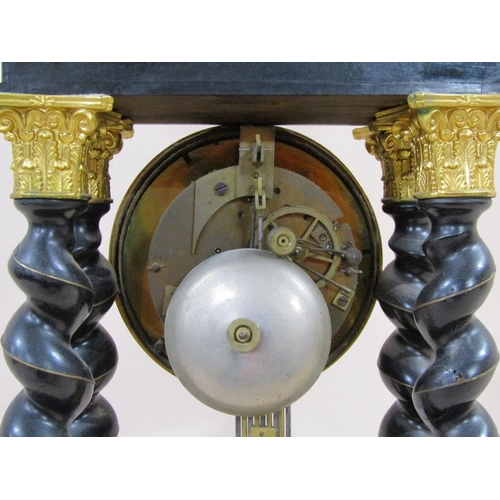 10 - A late 19c French portico clock, the ebonised wood case inlaid with brass and mother of pearl, and h... 