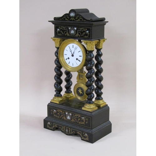 10 - A late 19c French portico clock, the ebonised wood case inlaid with brass and mother of pearl, and h... 