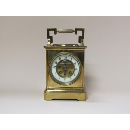 11 - A late 19c French brass desk clock in the form of a large carriage clock with multiple functions.  T... 