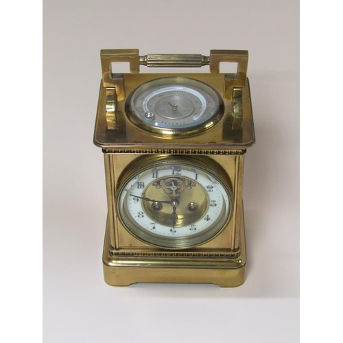 11 - A late 19c French brass desk clock in the form of a large carriage clock with multiple functions.  T... 