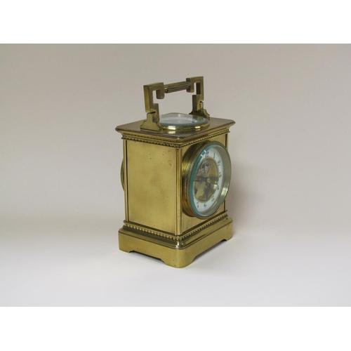 11 - A late 19c French brass desk clock in the form of a large carriage clock with multiple functions.  T... 