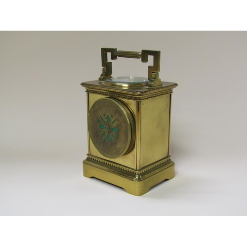 11 - A late 19c French brass desk clock in the form of a large carriage clock with multiple functions.  T... 