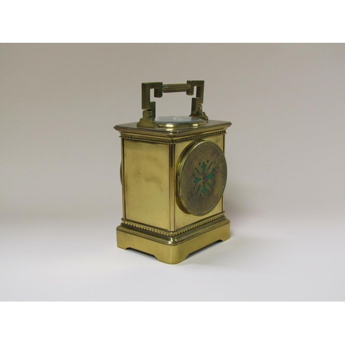 11 - A late 19c French brass desk clock in the form of a large carriage clock with multiple functions.  T... 