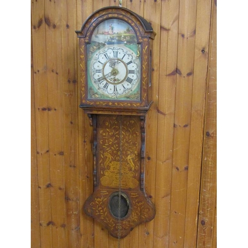 15 - A mid 19c Dutch Staartklok wall clock, the oak case inlaid with marquetry of foliage and birds and h... 