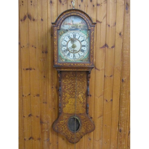 15 - A mid 19c Dutch Staartklok wall clock, the oak case inlaid with marquetry of foliage and birds and h... 