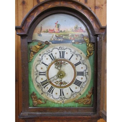 15 - A mid 19c Dutch Staartklok wall clock, the oak case inlaid with marquetry of foliage and birds and h... 