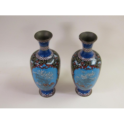 50 - A pair of Meiji period cloisonné vases of baluster form, decorated with panels of flowers, 29cm h.