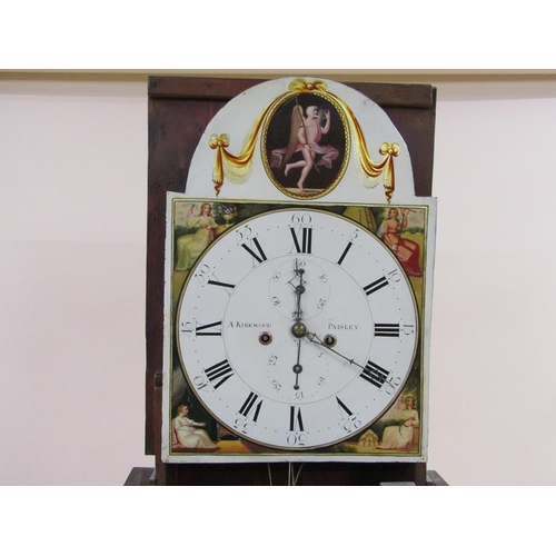 27 - An early 19c eight day longcase clock, the 35cm arched painted dial signed A. Kirkwood, Paisley and ... 