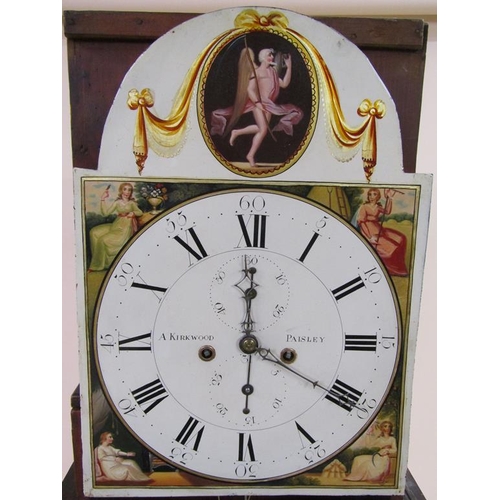 27 - An early 19c eight day longcase clock, the 35cm arched painted dial signed A. Kirkwood, Paisley and ... 