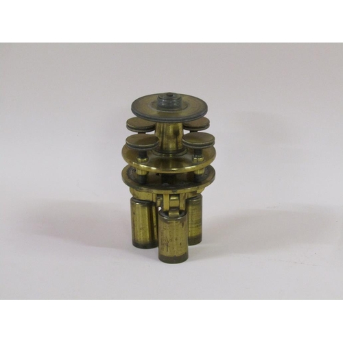 36 - A 19c brass tripod mount with adjustable level, 14.5cm h.