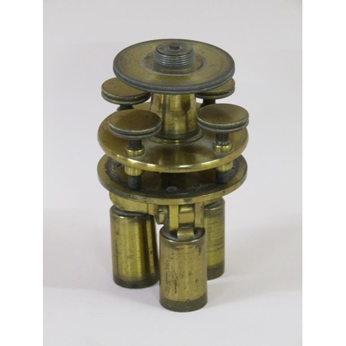 36 - A 19c brass tripod mount with adjustable level, 14.5cm h.