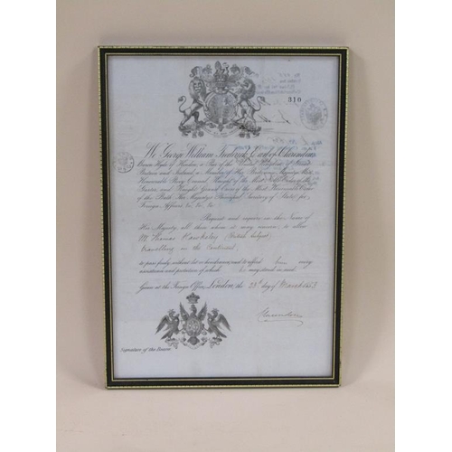 40 - A framed and glazed copy of Thomas Hawksley's passport, dated London 23rd March 1853.